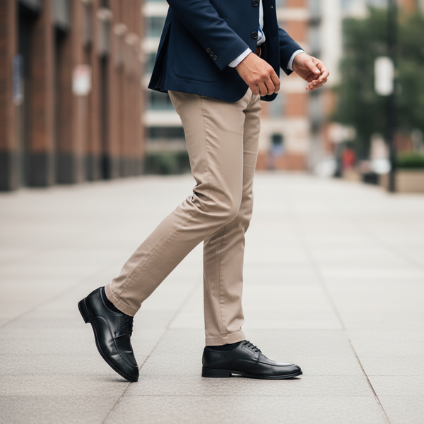 Smart-casual outfit featuring Cavalier Derby Black — handcrafted black leather derby shoes for daily wear.