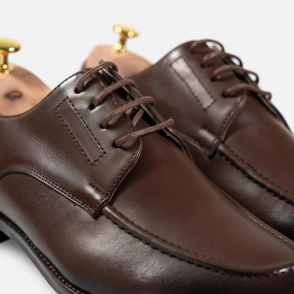 Macro close-up of brown leather Derby – open lacing and hand-finished stitching.
