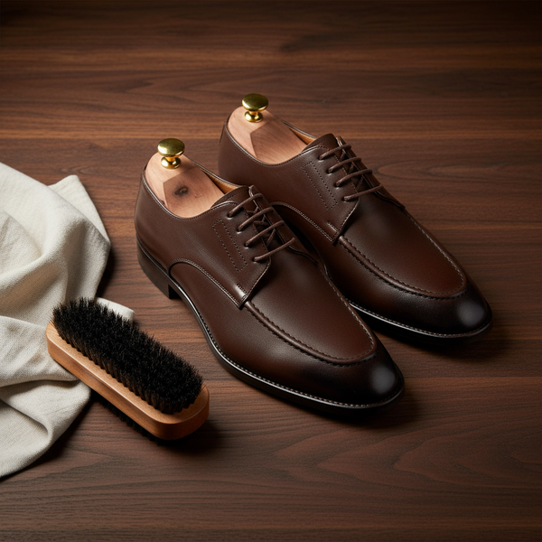 Cavalier Derby brown leather shoes on wood background – craftsmanship scene with premium full-grain leather.
