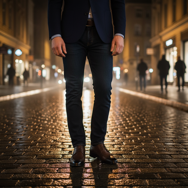 Men’s brown leather Derby shoes with dark jeans and blazer – refined evening style.
