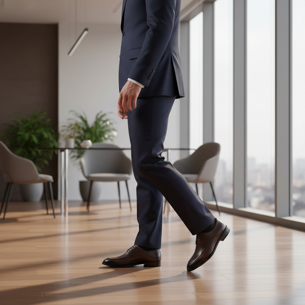 Men’s brown leather Derby shoes styled with a navy suit – ideal office and business wear.
