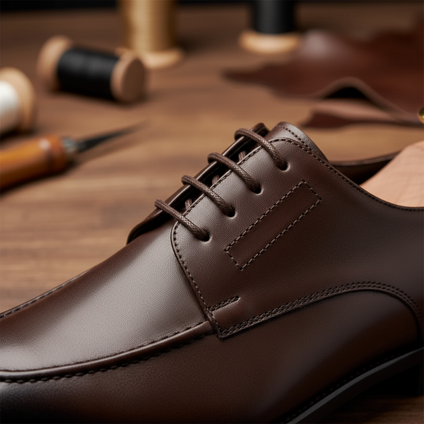 Handcrafted brown leather Derby shoes on artisan workbench – shoemaking tools and stitched-sole finish.
