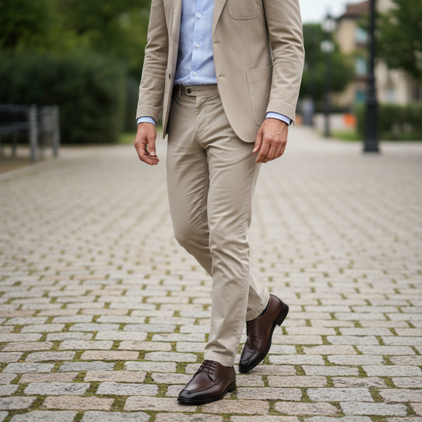 Brown Derby shoes paired with beige suit – smart-casual elegance for daytime wear.
