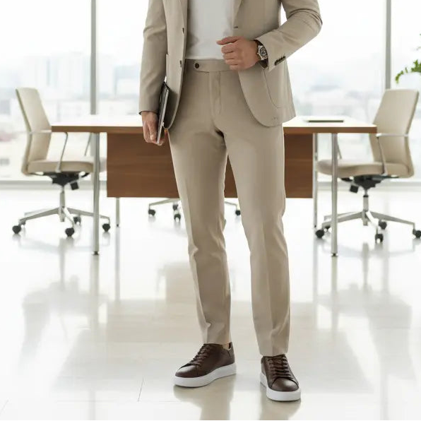 Elegante brown leather sneakers styled with tailored trousers — versatile dress sneakers for men.