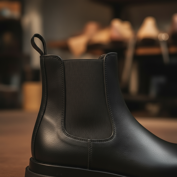 Hand-stitched elastic gore close-up on black leather Chelsea boot.