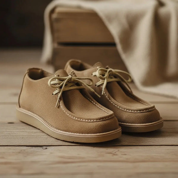 Khaki split suede moc toe boots for men photographed in warm studio lighting.
