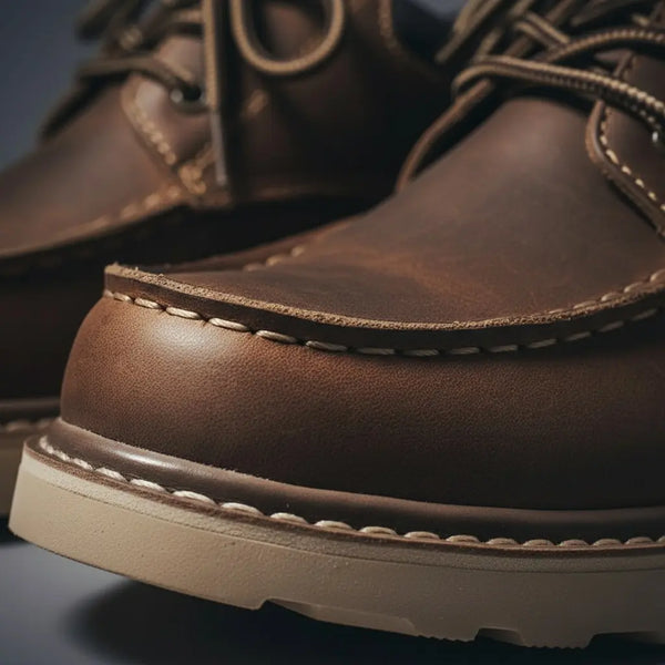 Crazy Horse leather macro shot showing Goodyear welt stitching and moc toe seam.