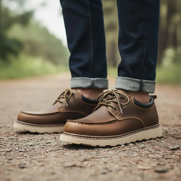 Weekend-ready Crazy Horse moc boots with lightweight wedge sole for long days.