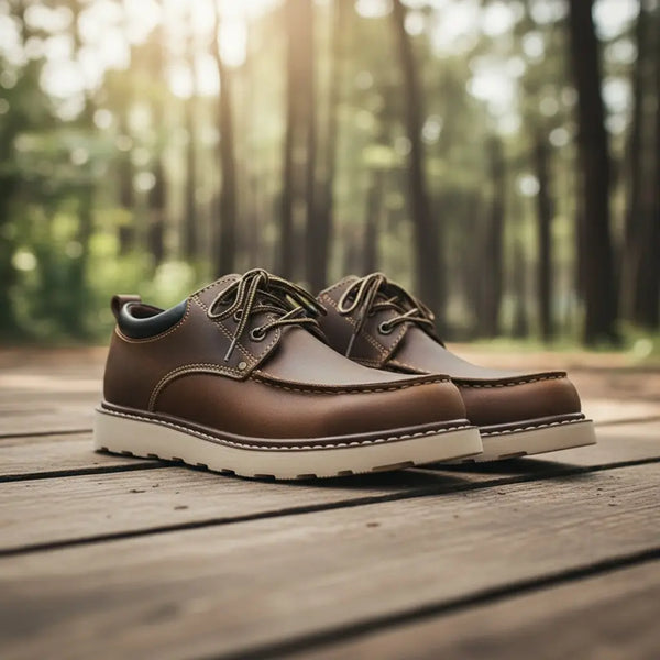Outdoor lifestyle shot of Crazy Horse leather moc boots on forest path.