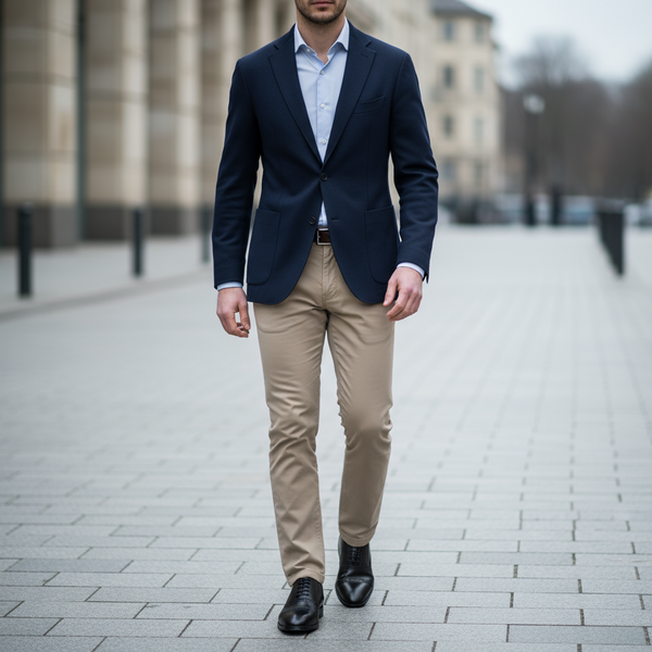 Smart-casual versatility – Crestwood black comfortable oxford shoes styled with blazer and chinos.