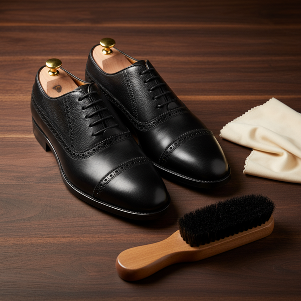 Close-up of Crestwood black leather oxford shoes showing full-grain texture and hand finishing.