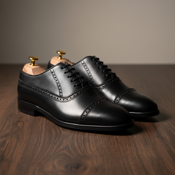 Hand-stitched cap-toe detailing on the Crestwood black dress oxford.