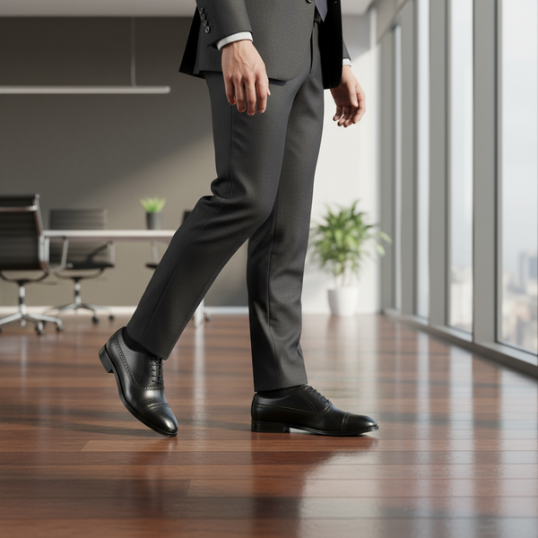 Business-formal style with Crestwood black leather oxford shoes paired with a tailored suit.