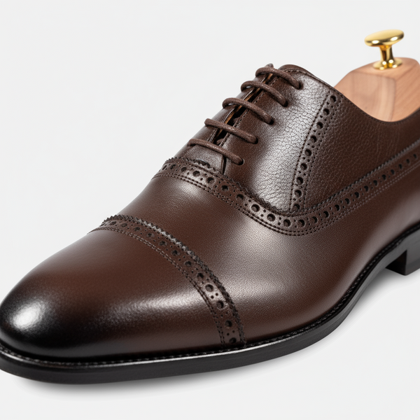 Close-up of Crestwood Brown cap-toe oxford showing premium grain leather and detailed broguing.