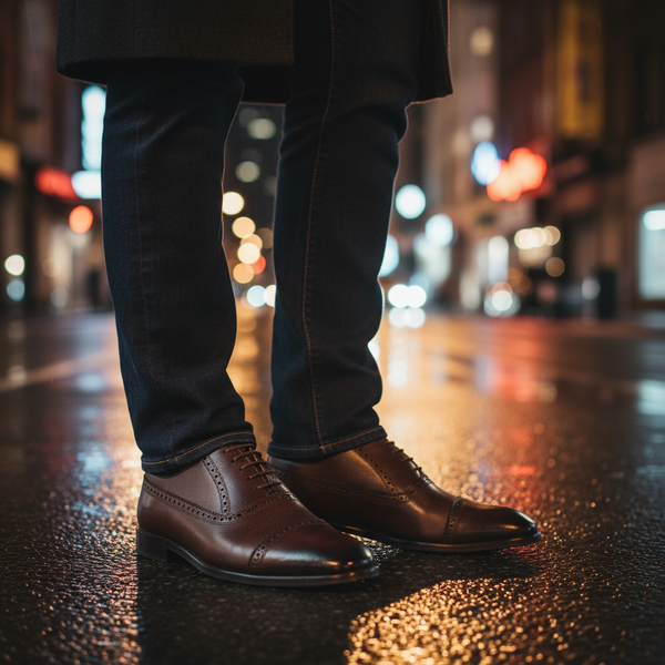 Evening look with Crestwood brown oxford shoes — comfortable leather dress shoes for travel and city wear.