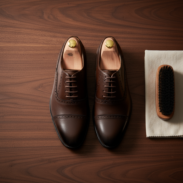 Close-up top-down view of Crestwood brown leather oxford shoes — full-grain leather and hand-polished finish.
