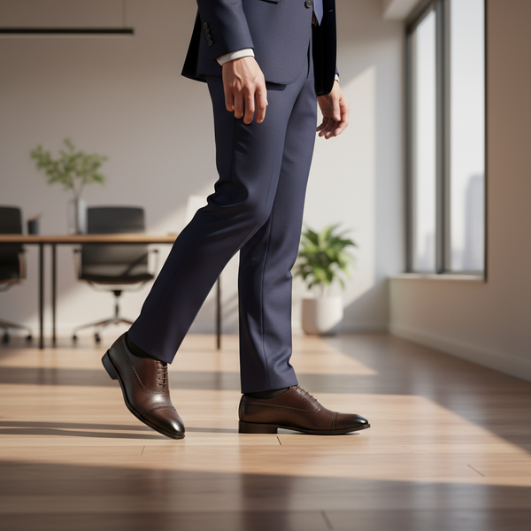 Crestwood brown oxford shoes paired with a navy suit — men’s formal shoes with a polished cap-toe profile.