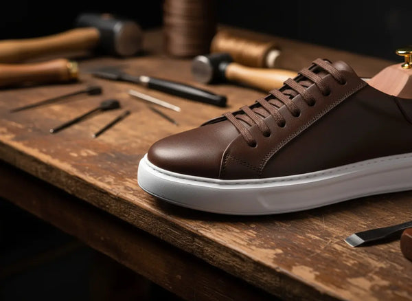 Hand-finished stitching and edgework on Elegante brown leather sneakers — minimalist sneakers built for long-lasting wear.