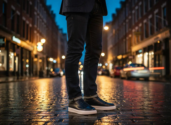 Dark blue dress sneakers by Shoescoo — polished evening look transitioning from day to night