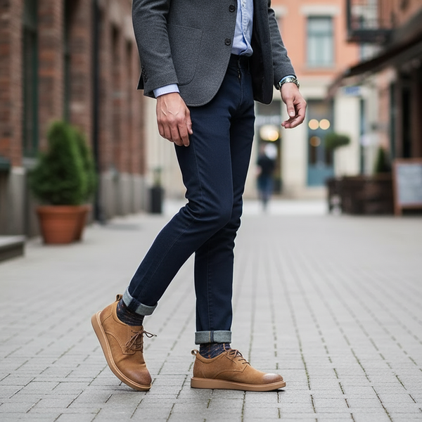 Brown split leather Derby shoes styled with navy chinos — refined evening look.
