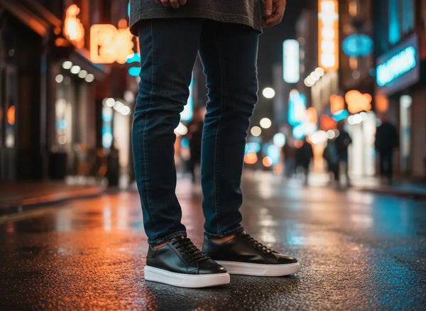 Evening outfit with Elegante black leather sneakers — refined and comfortable men’s leather sneakers for dinners and events.