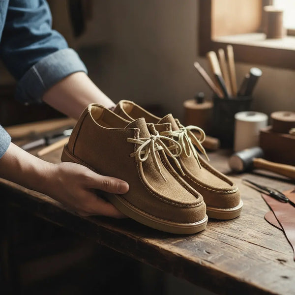 Handcrafted khaki suede moc toe boots made with traditional Turkish craftsmanship.
