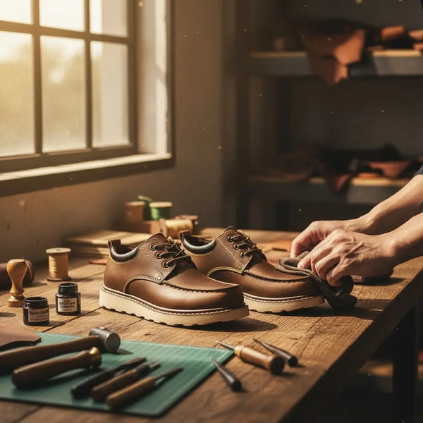 Handcrafted Crazy Horse moc toe boots on workbench showing artisan craftsmanship.