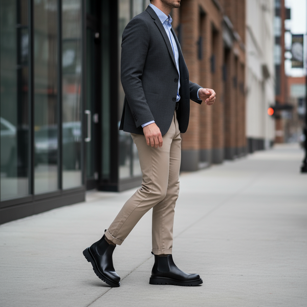 Smart-casual outfit featuring handmade black Chelsea boots for men.