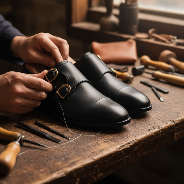 Handmade black double monk strap shoes in workshop – highlighting artisanal craftsmanship.