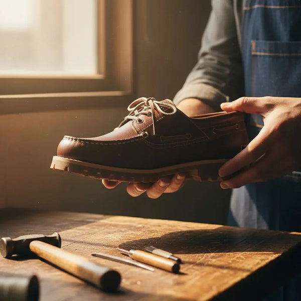 Artisan crafting handcrafted brown leather boat shoes — durable, refined, premium craftsmanship.