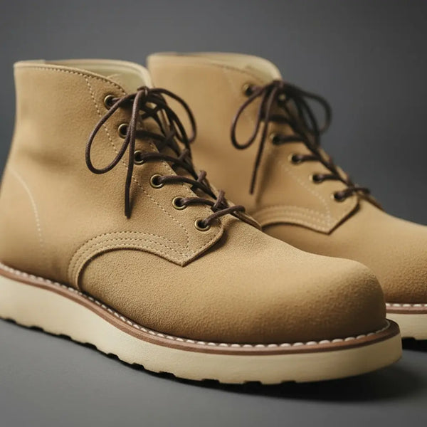 Goodyear welt stitch and balanced heel stack — fully resoleable Heritage 9111 suede boots.