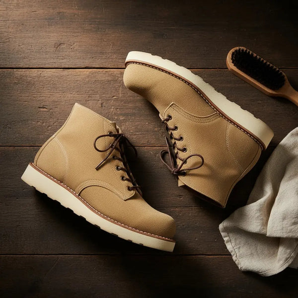 Close-up of roughout suede texture — Heritage 9111 men’s suede tooling work boots.