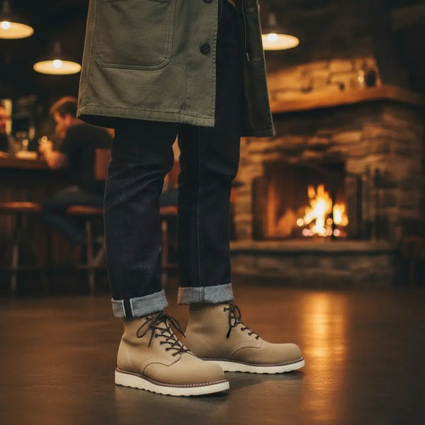Night-out polish — rugged Heritage 9111 suede boots with field jacket.