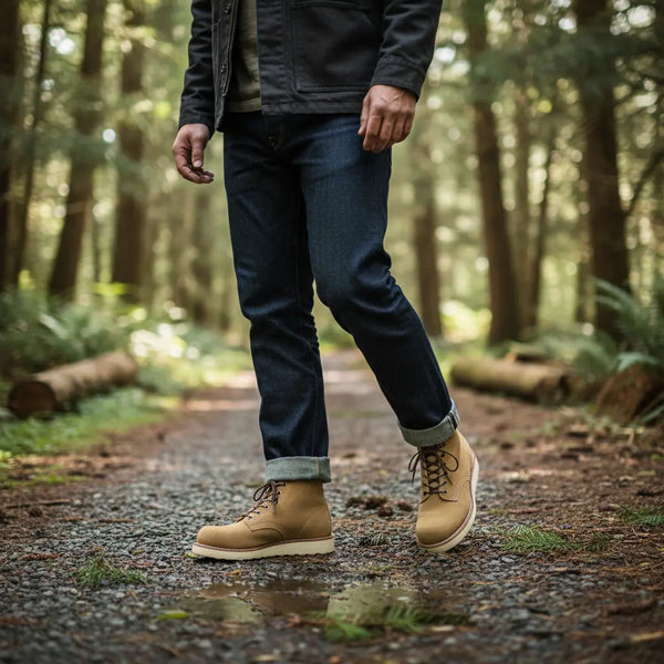 Weekend versatility — Heritage 9111 suede boots with denim and flannel in the forest.