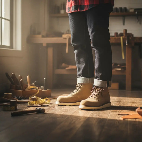 Office-ready smart casual outfit with Heritage 9111 suede work boots — chinos and oxford shirt.