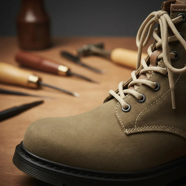 Craftsmanship tools beside Heritage Canvas Boot — handcrafted durable canvas work boots.