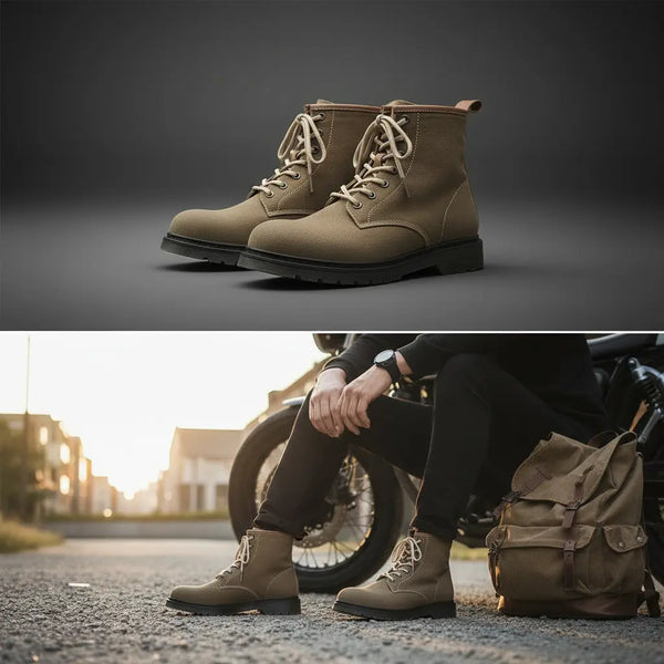 Evening lifestyle shot of Heritage Canvas Boot — versatile Goodyear welt boots for men.