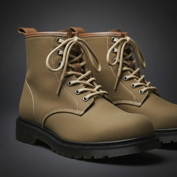 Goodyear welt stitch detail — resoleable, durable handcrafted canvas boots.