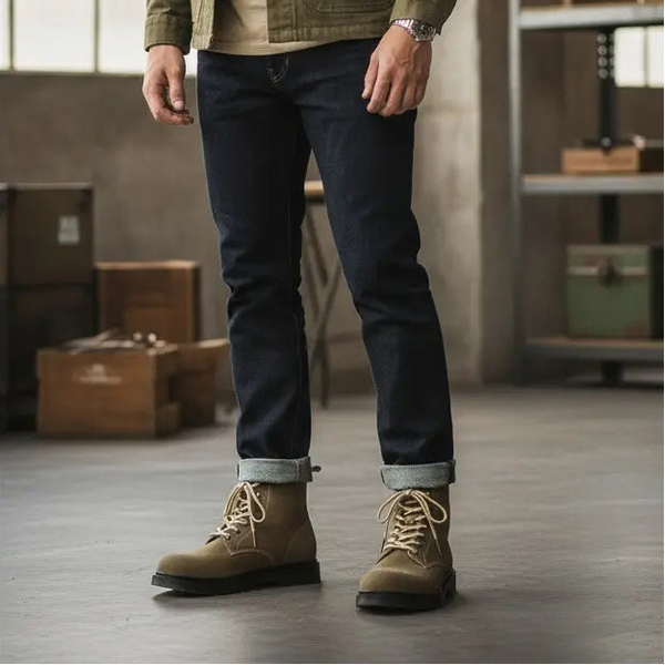 Heritage Canvas Boot styled with a tailored jacket — refined canvas work boots for the office.