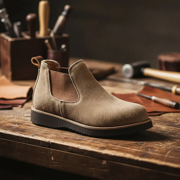 Artisan tools beside tan suede Chelsea boots, highlighting handcrafted Goodyear welt construction made in Turkey.