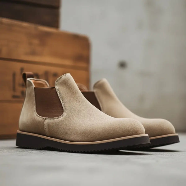 Close-up of tan suede Chelsea boots with clean toe shape and Goodyear welt for long-lasting wear.