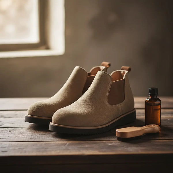 Handcrafted tan suede Chelsea boots for men on a workshop table, showing split-suede texture.