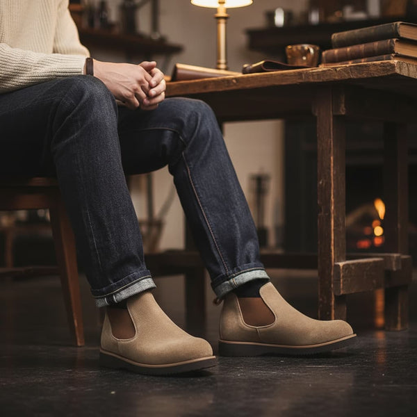 Minimalist evening outfit featuring tan suede Chelsea boots paired with rolled-hem denim and an overshirt.