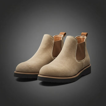 Tan suede Chelsea boots for men — handcrafted with Goodyear welt construction.