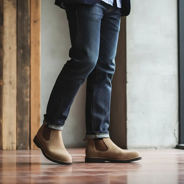 Smart-casual office style with tan suede Chelsea boots for men paired with dark jeans and knitwear.