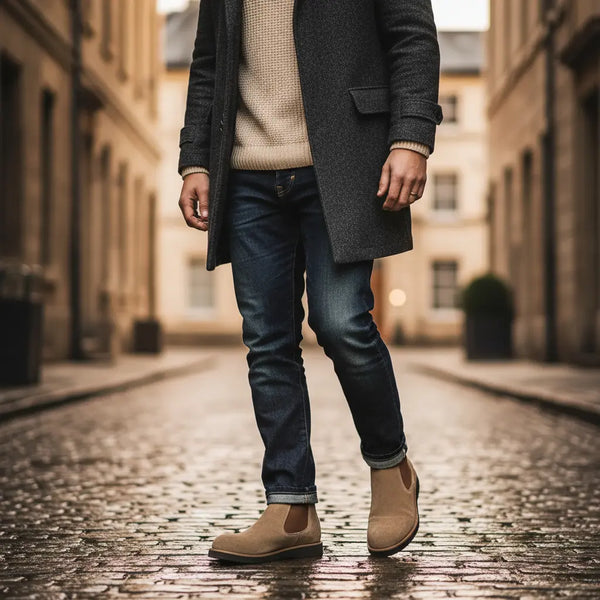 Weekend-ready look — tan suede Chelsea boots for men with coat, sweater, and jeans for city walks and brunch.