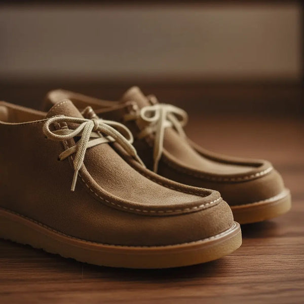 Close-up of moc toe stitching and split suede texture on khaki suede boots.
