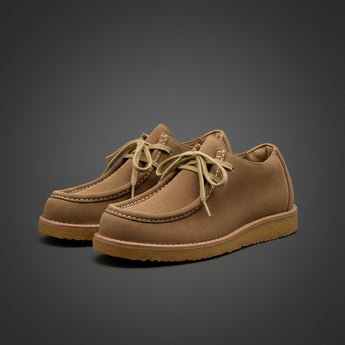 Khaki split suede moc toe boots for men — handcrafted Goodyear welt moc boots in premium split suede.
