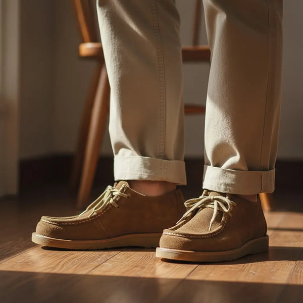 Khaki suede moc toe boots for men styled for daily comfort and casual weekend wear.
