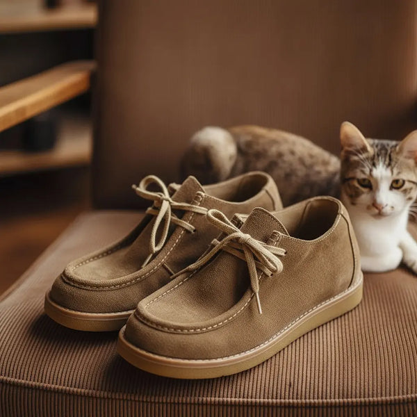 Khaki suede moc toe boots photographed in a relaxed home atmosphere with soft lighting.
